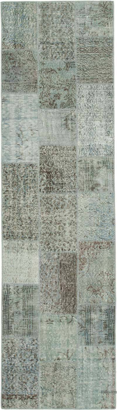 Blue Patchwork Hand-Knotted Turkish Runner - 2' 9" x 9' 11" (33 in. x 119 in.)