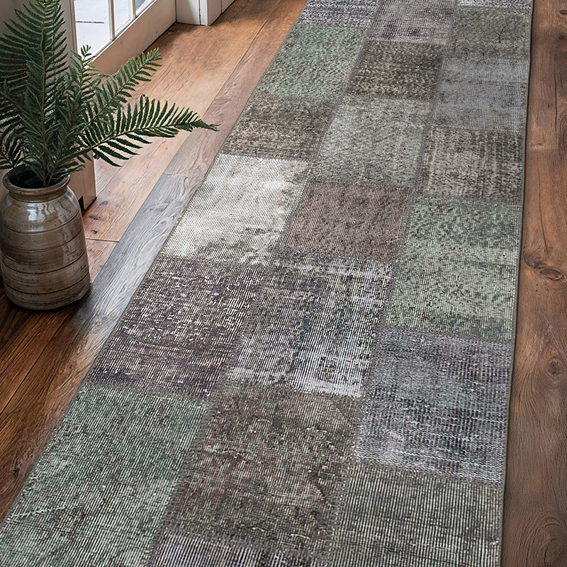Gri Boyalı Patchwork Halı - 85 cm x 307 cm - K0053988