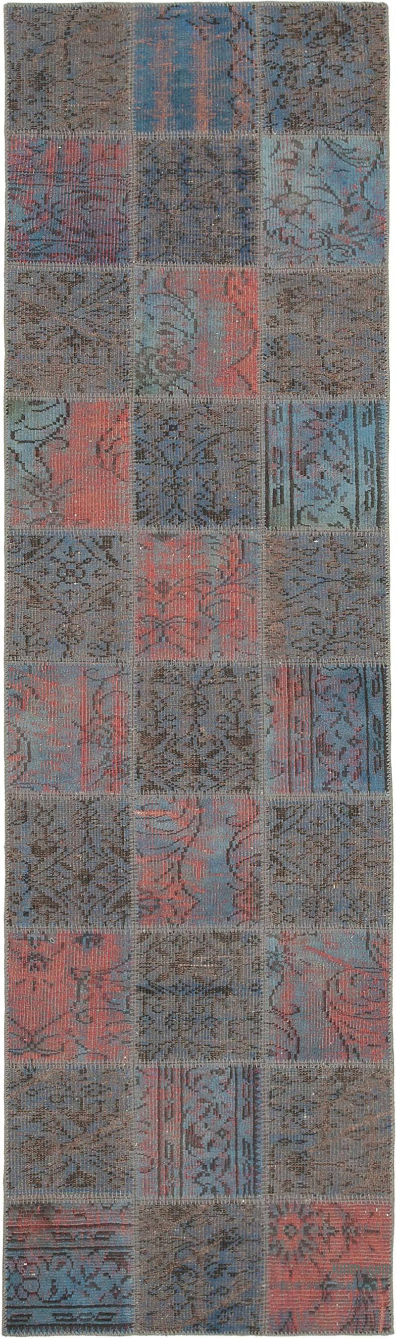 Blue Patchwork Hand-Knotted Turkish Runner - 2' 11" x 9' 10" (35 in. x 118 in.) - K0053989