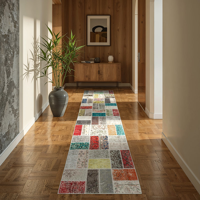 Çok Renkli Boyalı Patchwork Halı - 87 cm x 293 cm - K0053990