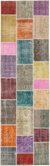 Multicolor Patchwork Hand-Knotted Turkish Runner - 3'  x 9' 10" (36" x 118")