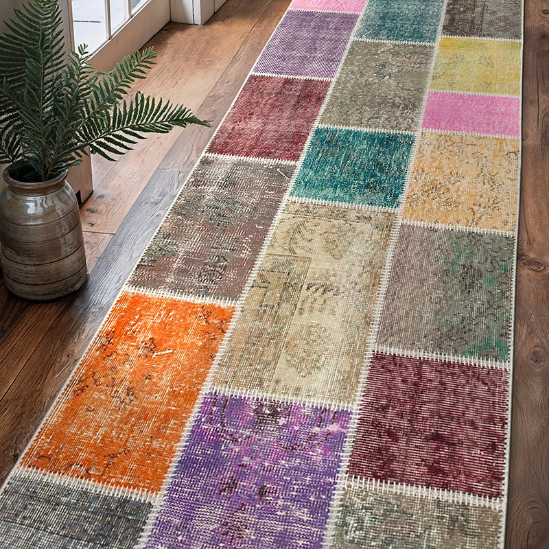 Multicolor Alfombra De Retazos Turca Sobre-teñida - 91 cm x 300 cm - K0053996