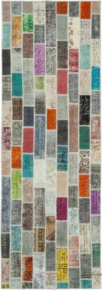 Multicolor Patchwork Hand-Knotted Turkish Runner - 3' 6" x 9' 11" (42 in. x 119 in.)