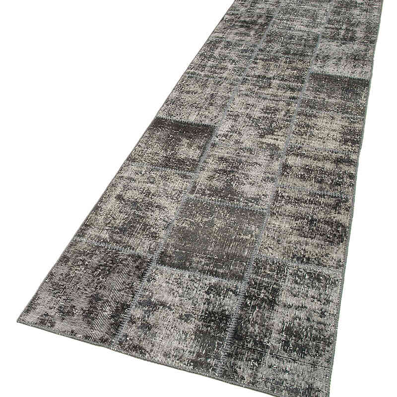Gri Boyalı Patchwork Halı - 85 cm x 306 cm - K0053999