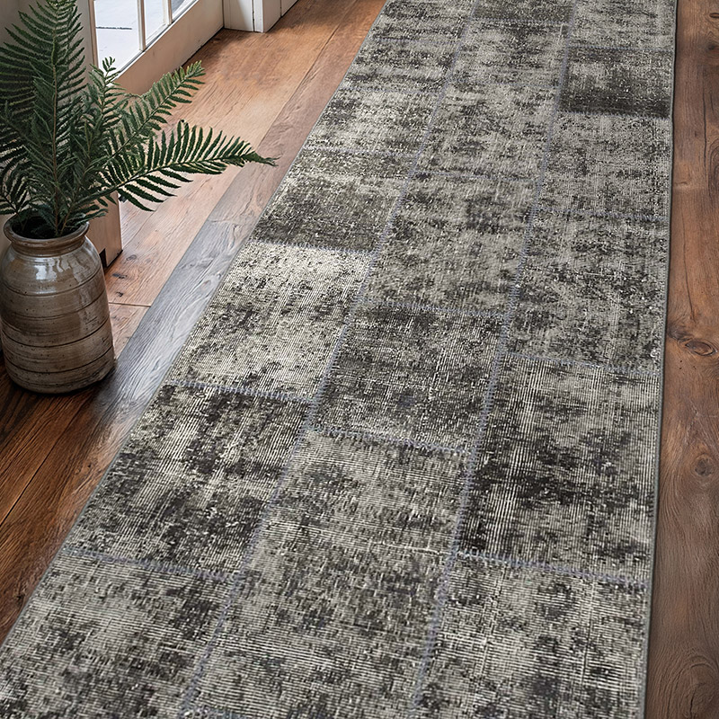 Gri Boyalı Patchwork Halı - 85 cm x 306 cm - K0053999