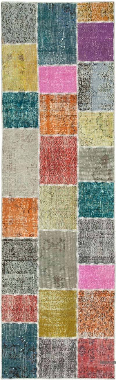 Multicolor Patchwork Hand-Knotted Turkish Runner - 3'  x 9' 11" (36 in. x 119 in.)