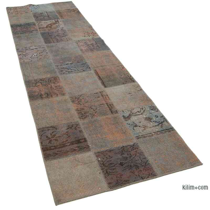 Grey Patchwork Hand-Knotted Turkish Runner - 2' 11" x 9' 8" (35 in. x 116 in.) - K0054008