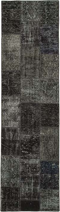Black Patchwork Hand-Knotted Turkish Runner - 2' 10" x 10' 2" (34" x 122")