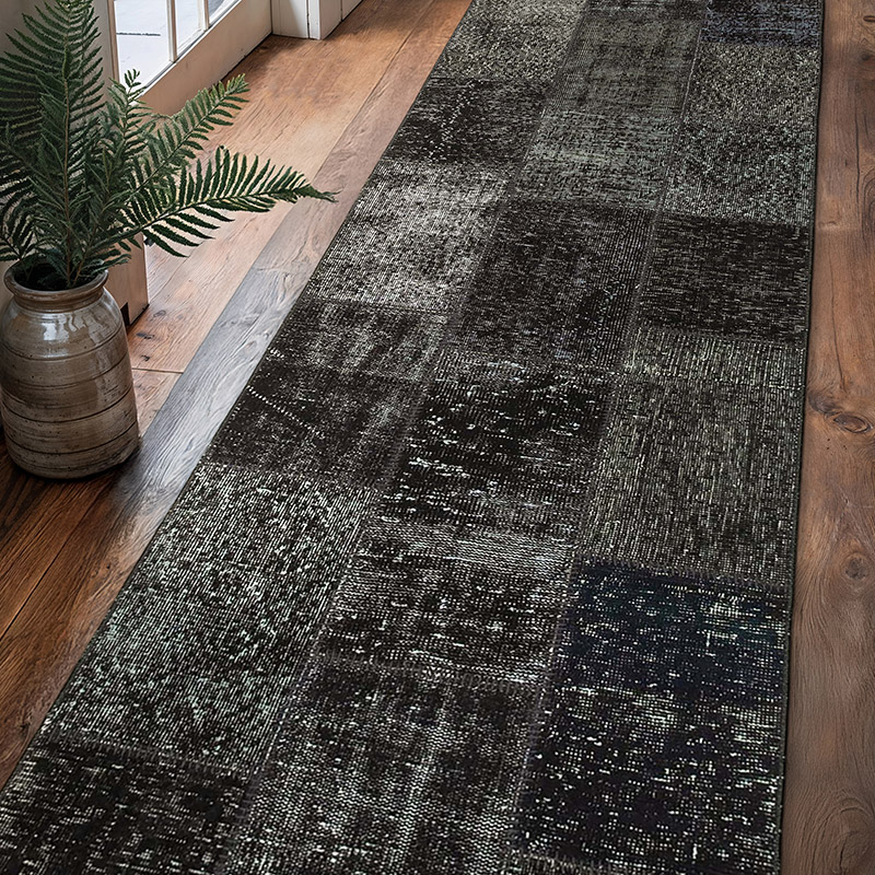 Siyah Boyalı Patchwork Halı - 86 cm x 309 cm - K0054012