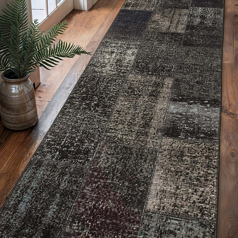 Siyah Boyalı Patchwork Halı - 86 cm x 300 cm - K0054013