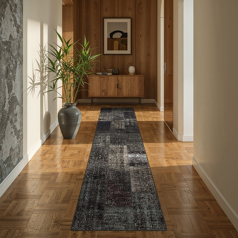 Siyah Boyalı Patchwork Halı - 86 cm x 300 cm - K0054013