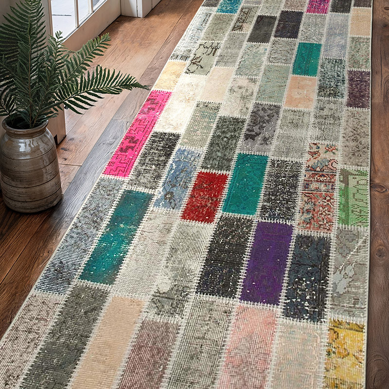 Çok Renkli Boyalı Patchwork Halı - 95 cm x 307 cm - K0054027