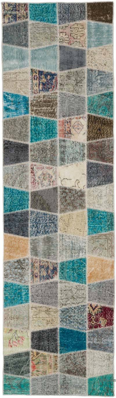 Multicolor Patchwork Hand-Knotted Turkish Runner - 2' 10" x 10' 2" (34 in. x 122 in.)
