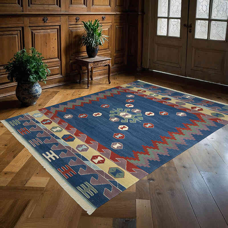Blue New Handwoven Turkish Kilim Rug - 5' 10" x 7' 7" (70" x 91") - K0054071