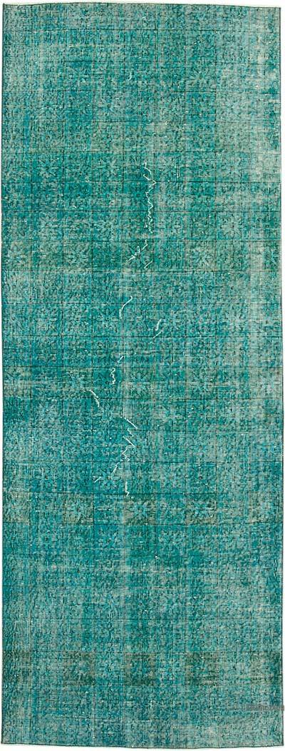 Mavi-Yeşil Boyalı El Dokuma Vintage Halı Yolluk - 111 cm x 292 cm