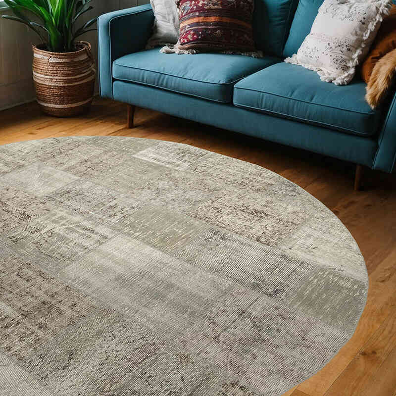 Gri Yuvarlak Boyalı Patchwork Halı - 215 cm x 215 cm - K0054696