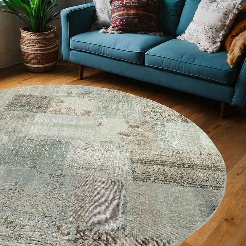 Açık Mavi Yuvarlak Boyalı Patchwork Halı - 217 cm x 217 cm - K0054702