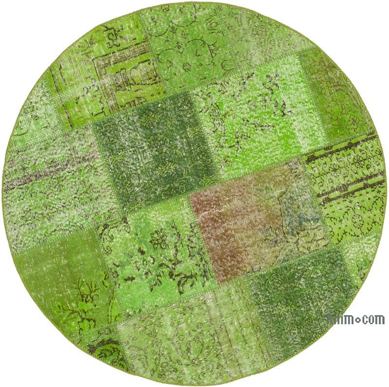 Green Round Patchwork Hand-Knotted Turkish Rug - 4' 11" x 4' 11" (59 in. x 59 in.) - K0054707