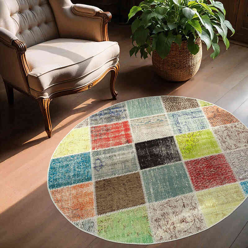 Multicolor Round Patchwork Hand-Knotted Turkish Rug - 4' 9" x 4' 9" (57" x 57") - K0054717