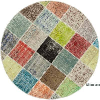 Çok Renkli Yuvarlak Boyalı Patchwork Halı - 146 cm x 146 cm