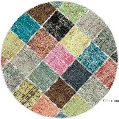 Multicolor Round Patchwork Hand-Knotted Turkish Rug - 4' 9" x 4' 9" (57 in. x 57 in.)