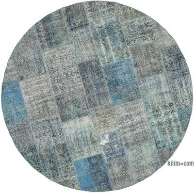 蓝色圆形拼布手工打结的土耳其地毯-8'x 8'（96英寸x 96英寸）
