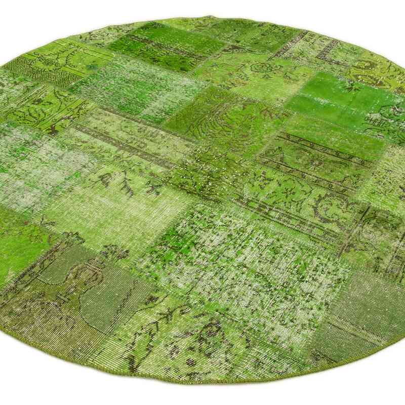 Green Round Patchwork Hand-Knotted Turkish Rug - 7' 2" x 7' 2" (86 in. x 86 in.) - K0054736