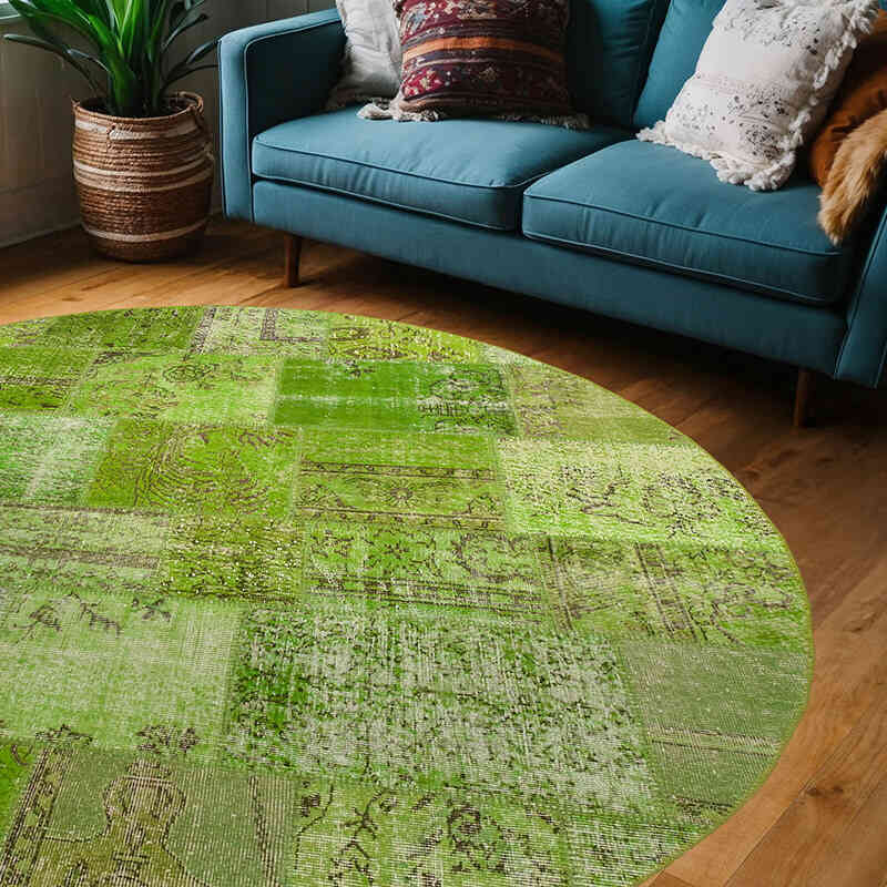 Green Round Patchwork Hand-Knotted Turkish Rug - 7' 2" x 7' 2" (86" x 86") - K0054736