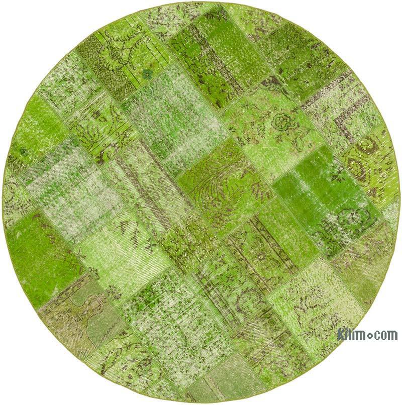Green Round Patchwork Hand-Knotted Turkish Rug - 7' 2" x 7' 2" (86" x 86") - K0054736