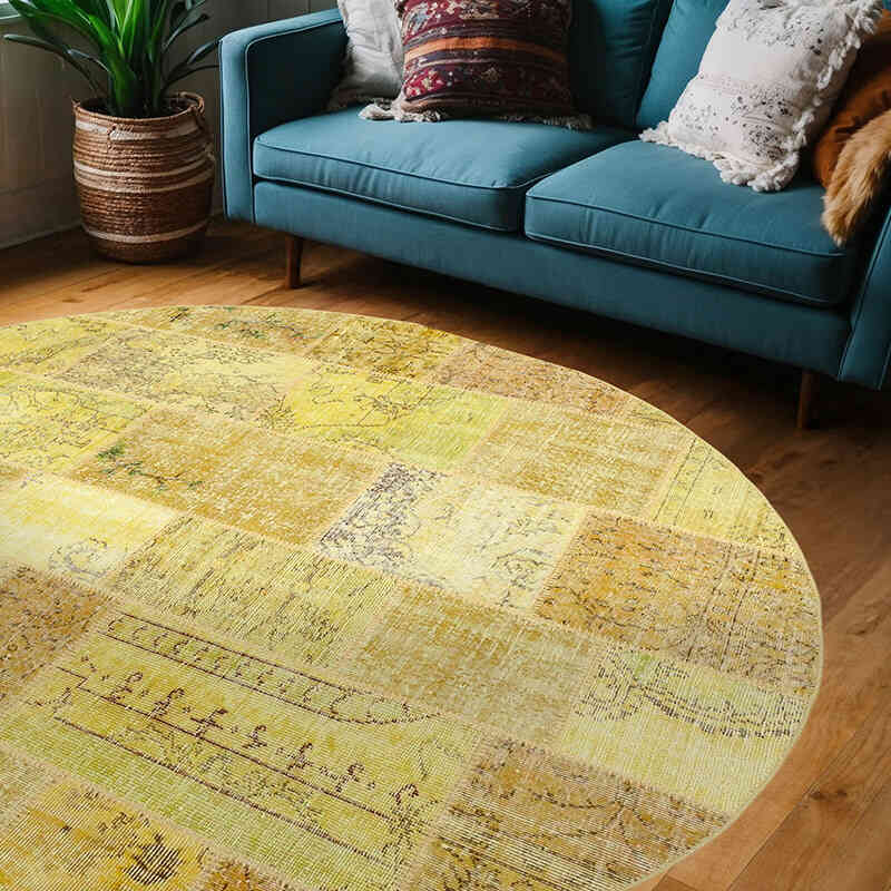 Round Patchwork Hand-Knotted Turkish Rug - 7' 1" x 7' 1" (85" x 85") - K0054738