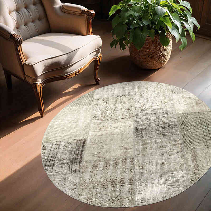 Gri Yuvarlak Boyalı Patchwork Halı - 150 cm x 150 cm - K0054740