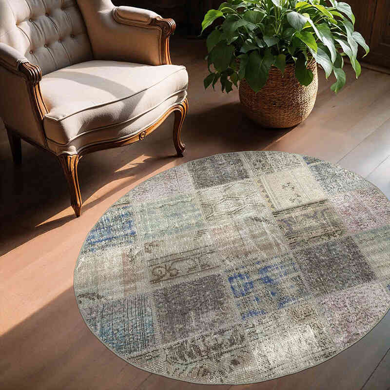 Gri Yuvarlak Boyalı Patchwork Halı - 146 cm x 146 cm - K0054742