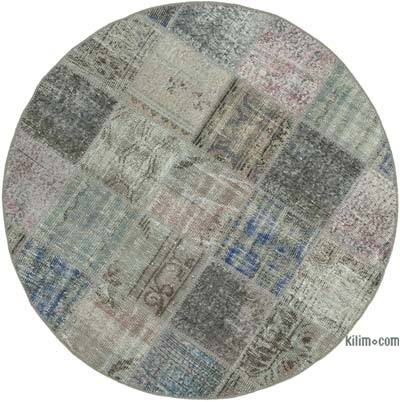 Grey Round Patchwork Hand-Knotted Turkish Rug - 4' 9" x 4' 9" (57 in. x 57 in.)