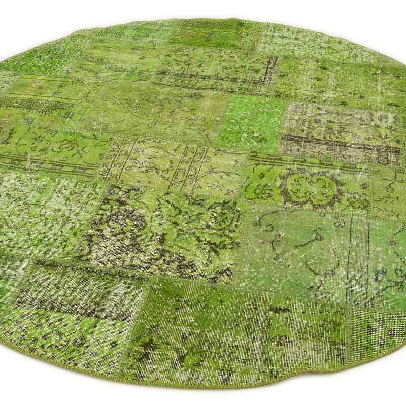 Green Round Patchwork Hand-Knotted Turkish Rug - 7' 2" x 7' 2" (86 in. x 86 in.) - K0054745