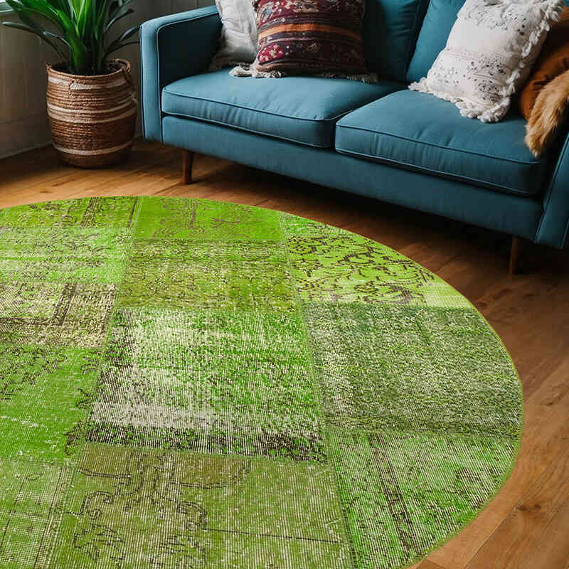 Green Round Patchwork Hand-Knotted Turkish Rug - 6' 7" x 6' 7" (79" x 79") - K0054749