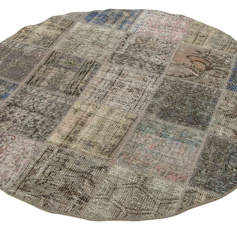 Gri Yuvarlak Boyalı Patchwork Halı - 146 cm x 146 cm - K0054752