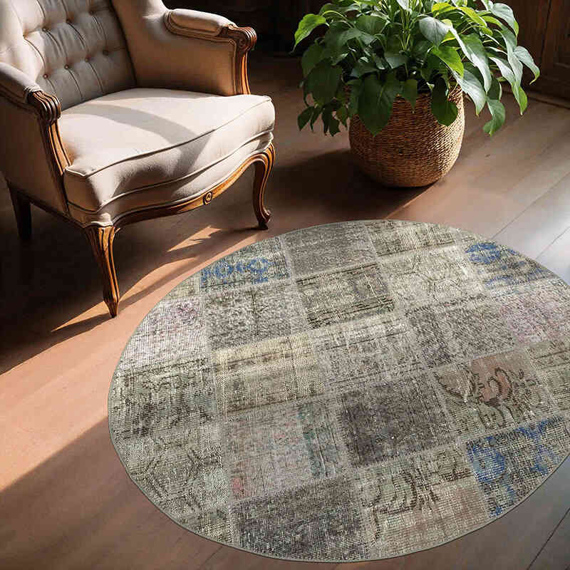 Gris Alfombra De Retazos Turca Sobre-Teñida - 146 cm x 146 cm - K0054752