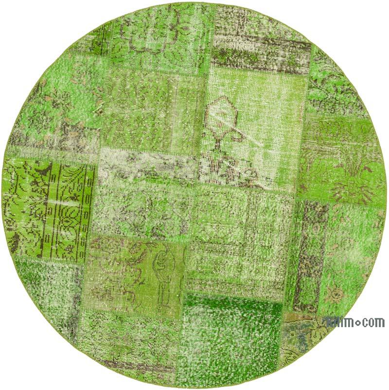 Green Round Patchwork Hand-Knotted Turkish Rug - 6' 7" x 6' 7" (79 in. x 79 in.) - K0054759