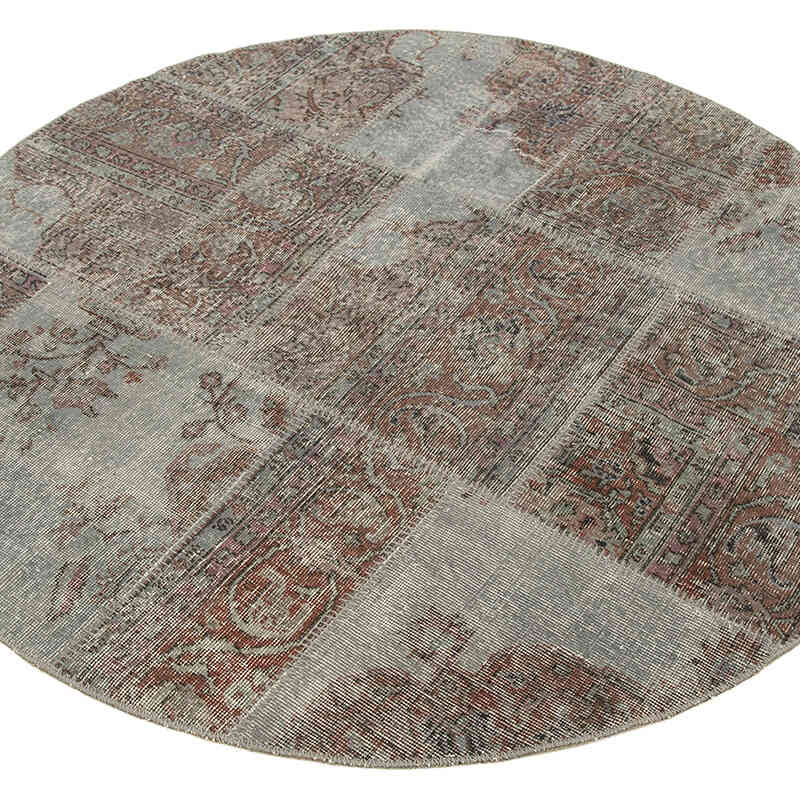 Gray Round Patchwork Hand-Knotted Turkish Rug - 4' 11" x 4' 11" (59" x 59") - K0054760