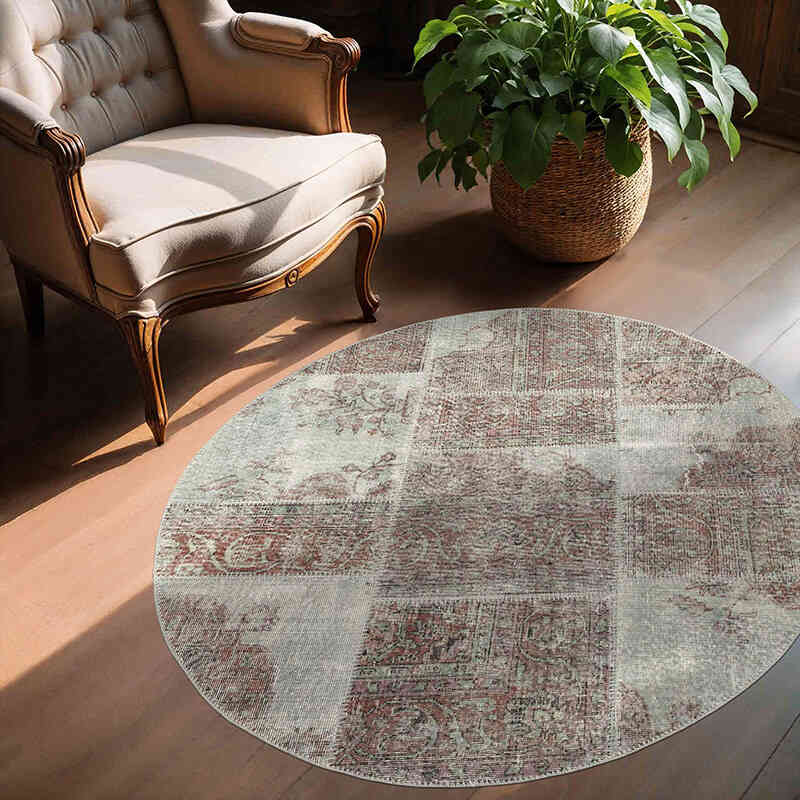 Gray Round Patchwork Hand-Knotted Turkish Rug - 4' 11" x 4' 11" (59" x 59") - K0054760