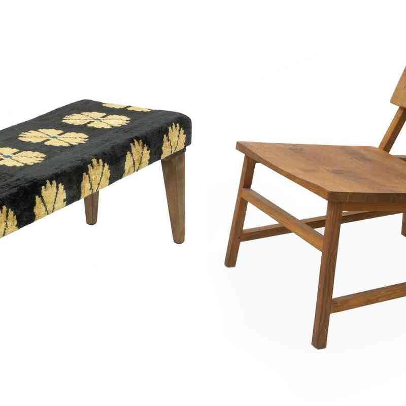 Bench Upholstered with Silk Velvet Ikat Fabric - K0054764