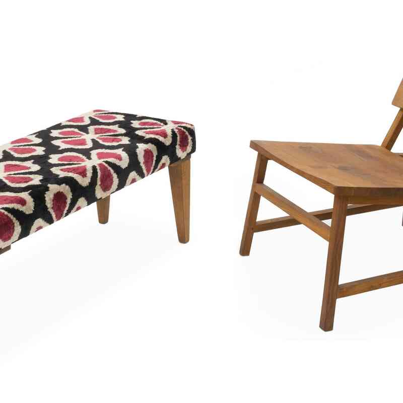 Bench Upholstered with Silk Velvet Ikat Fabric - K0054846