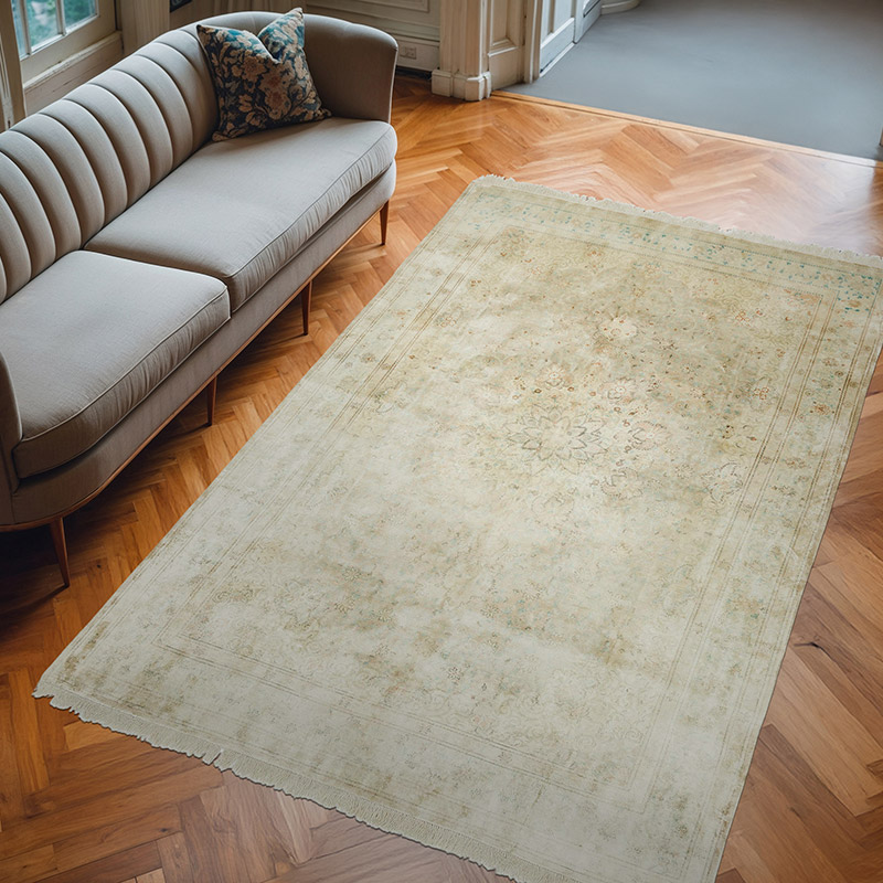 Beige Alfombra Turca Vintage de Seda Anudada a Mano - 195 cm x 297 cm - K0055412