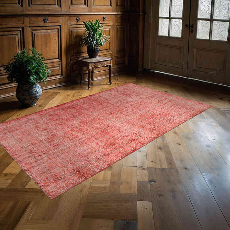 Red Over-dyed Vintage Hand-Knotted Turkish Rug - 5'  x 8' 8" (60" x 104") - K0056064