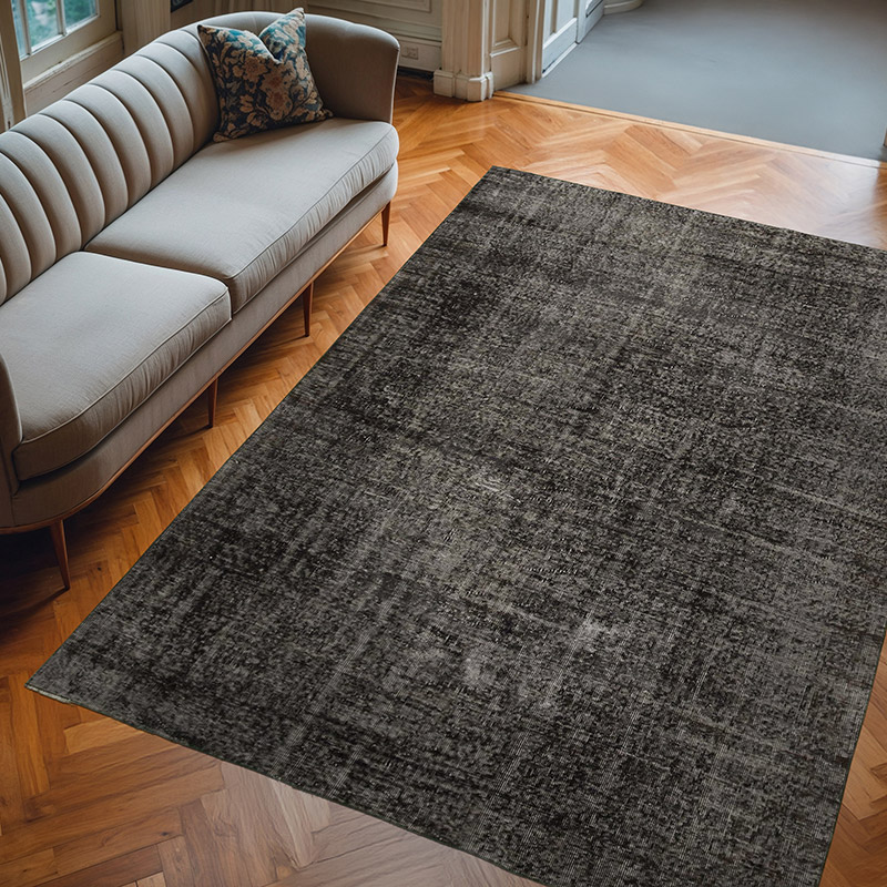 Black Over-dyed Vintage Hand-Knotted Turkish Rug - 6' 7" x 9' 2" (79" x 110") - K0056090