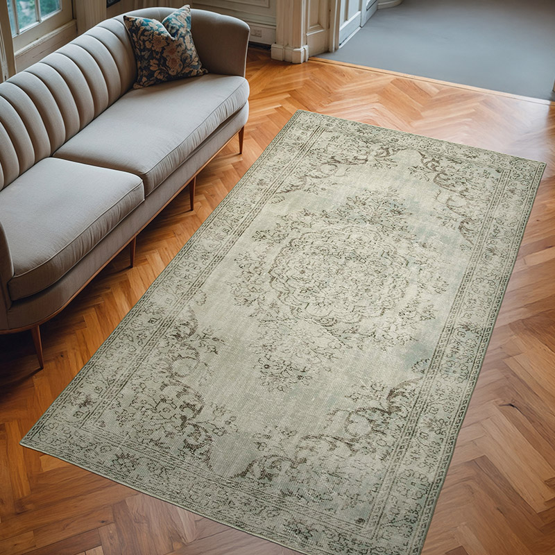 Açık Mavi, Gri Boyalı El Dokuma Vintage Halı - 170 cm x 292 cm - K0056129