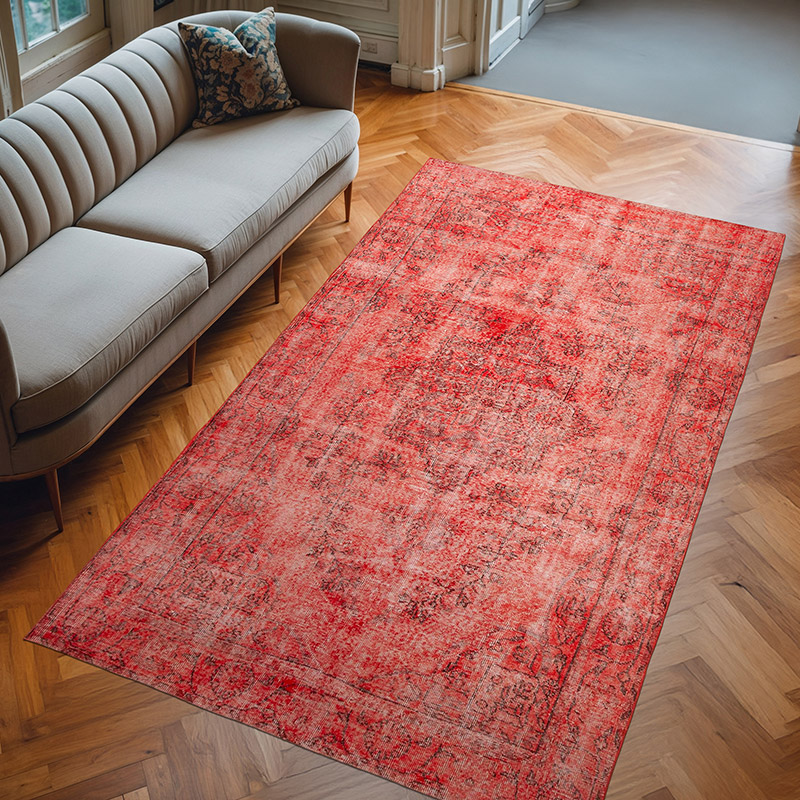 Red Over-dyed Vintage Hand-Knotted Turkish Rug - 5' 6" x 9' 4" (66" x 112") - K0056152