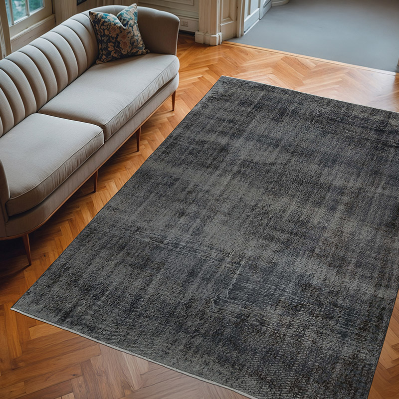 Black Over-dyed Vintage Hand-Knotted Turkish Rug - 6' 5" x 9'  (77" x 108") - K0056158