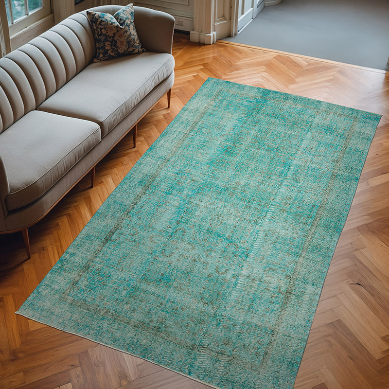 Mavi-Yeşil Boyalı El Dokuma Vintage Halı - 160 cm x 274 cm - K0056181
