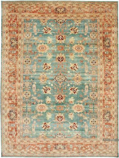 Red, Green New Hand-Knotted Wool Oushak Rug - 10' 1" x 13' 7" (121 in. x 163 in.)